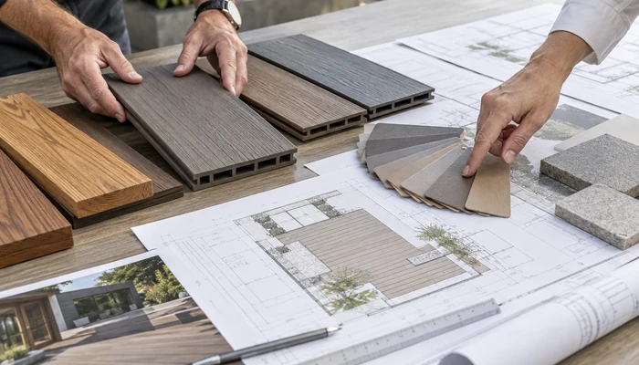 Commercial team reviewing composite and wood decking samples