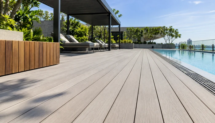 Light composite decking in a sun-exposed commercial terrace setting